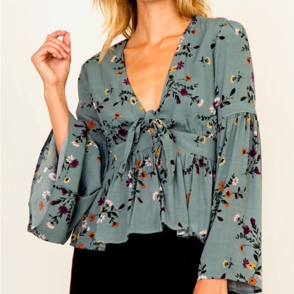 Olivaceous Floral Bell Sleeve Top